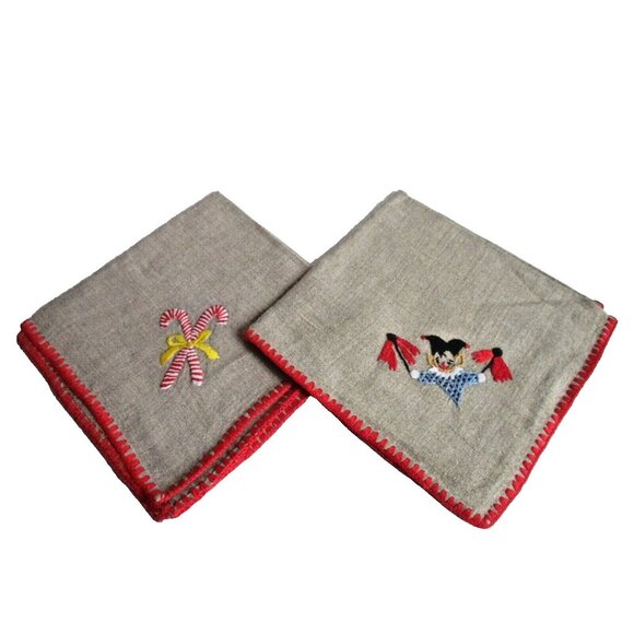*Vintage Tan Khaki Muslin Holiday Napkins - 7 Asst Christmas Embroidered - Picture 2 of 12